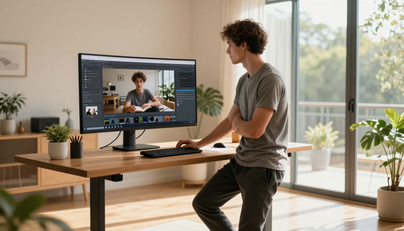 Man confidently browsing a digital flipbook on a large monitor in a modern apartment Man confidently browsing a digital flipbook on a large monitor in a modern apartment