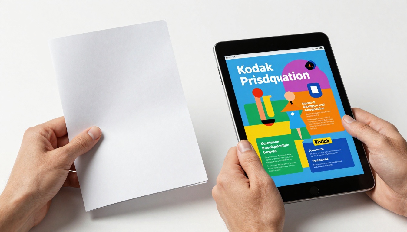Two hands comparing a printed brochure against a digital flipbook on a tablet Two hands comparing a printed brochure against a digital flipbook on a tablet