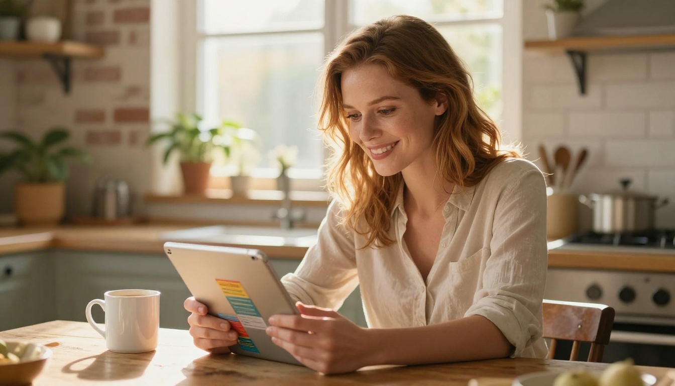 Woman reading a colorful digital flipbook on an iPad at a sunny kitchen table with morning coffee Woman reading a colorful digital flipbook on an iPad at a sunny kitchen table with morning coffee