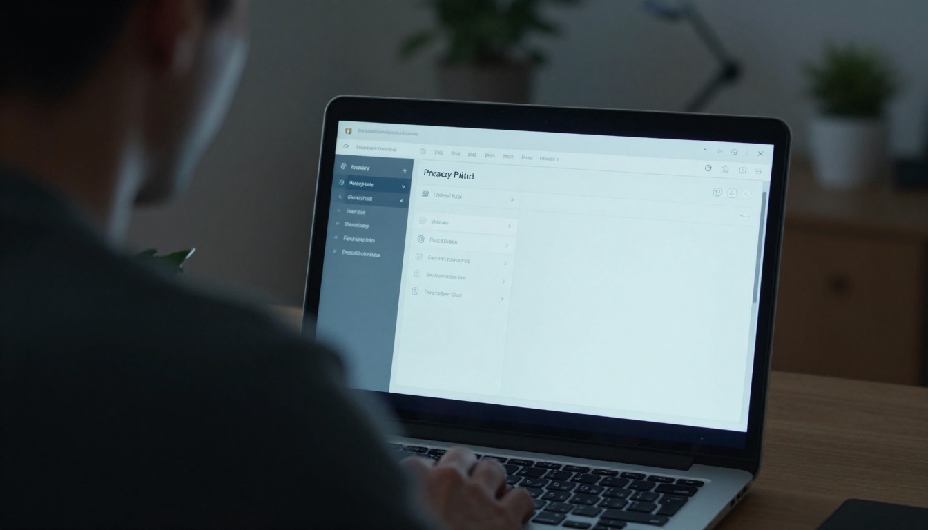 Over-the-shoulder view of a man reviewing privacy settings on a digital flipbook sharing interface Over-the-shoulder view of a man reviewing privacy settings on a digital flipbook sharing interface