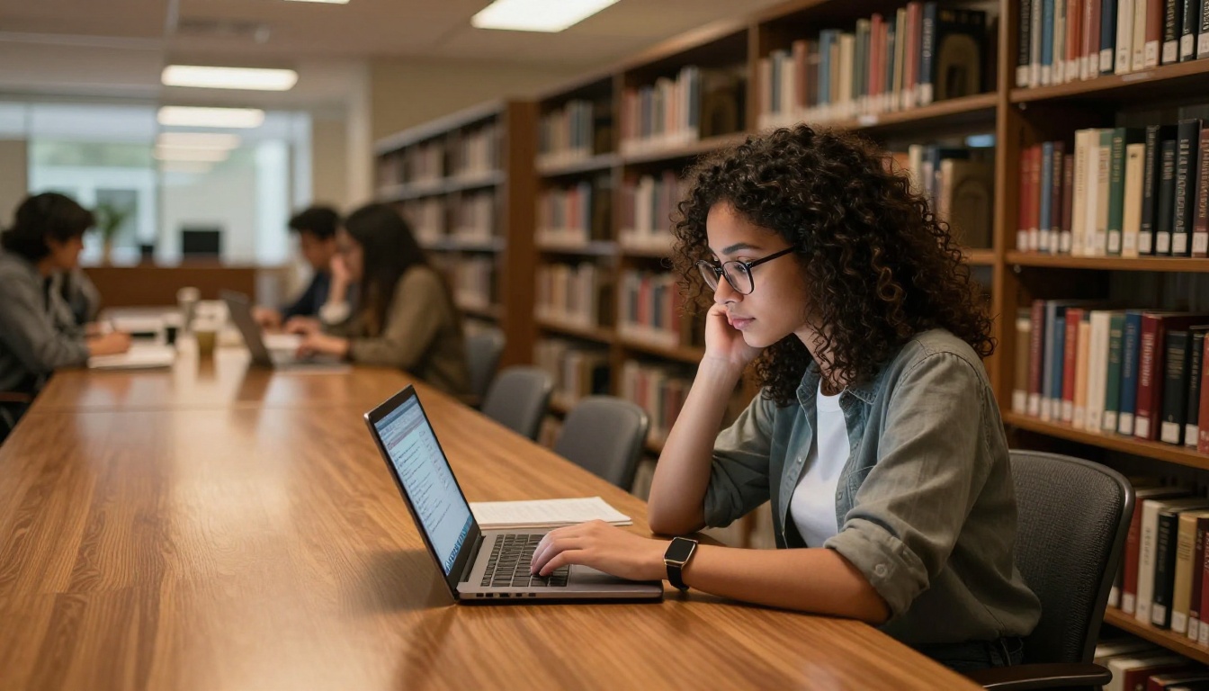 Student in a library cautiously comparing browser tabs on a laptop while evaluating an unknown link Student in a library cautiously comparing browser tabs on a laptop while evaluating an unknown link