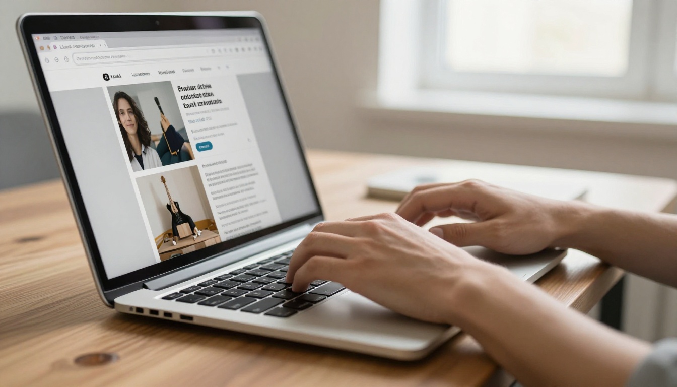 Professional typing a custom domain URL on laptop keyboard in a warmly lit modern office Professional typing a custom domain URL on laptop keyboard in a warmly lit modern office