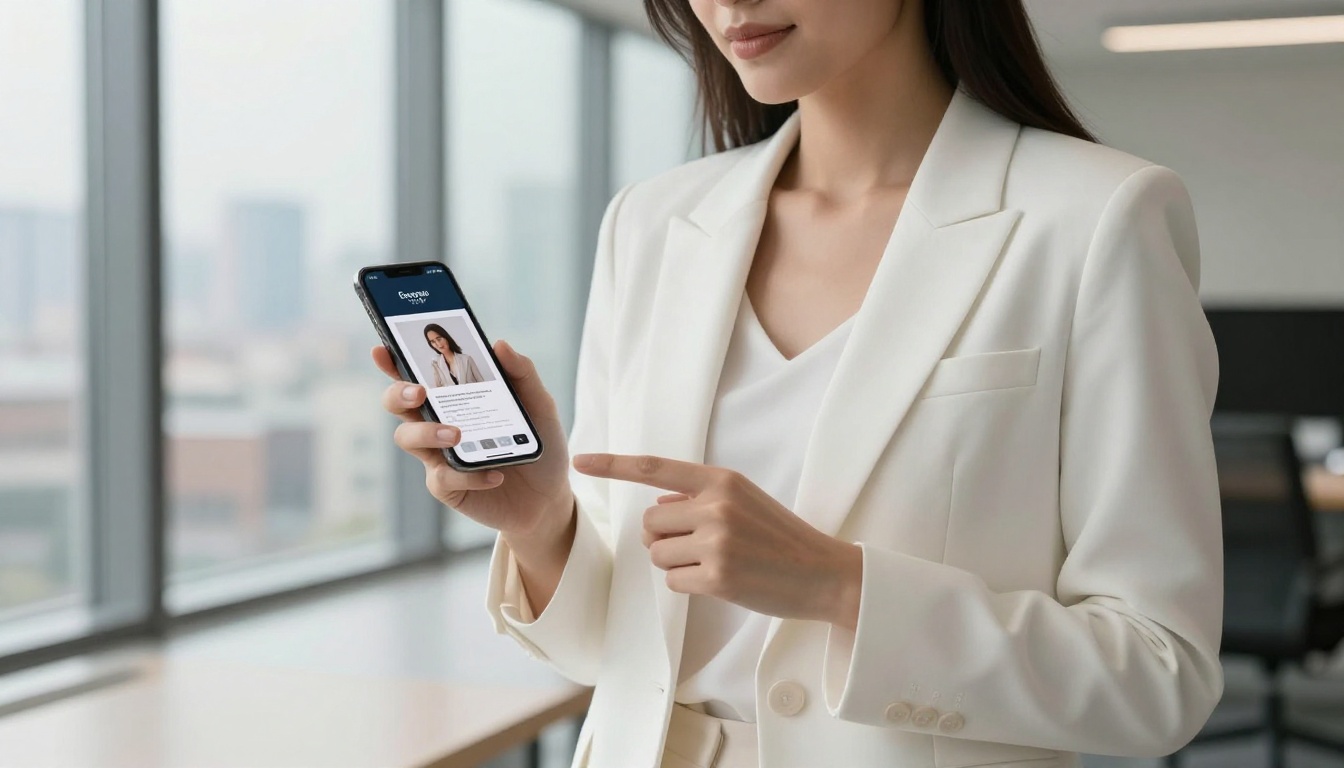 Businesswoman holding smartphone displaying a branded flipbook catalog with custom domain visible Businesswoman holding smartphone displaying a branded flipbook catalog with custom domain visible