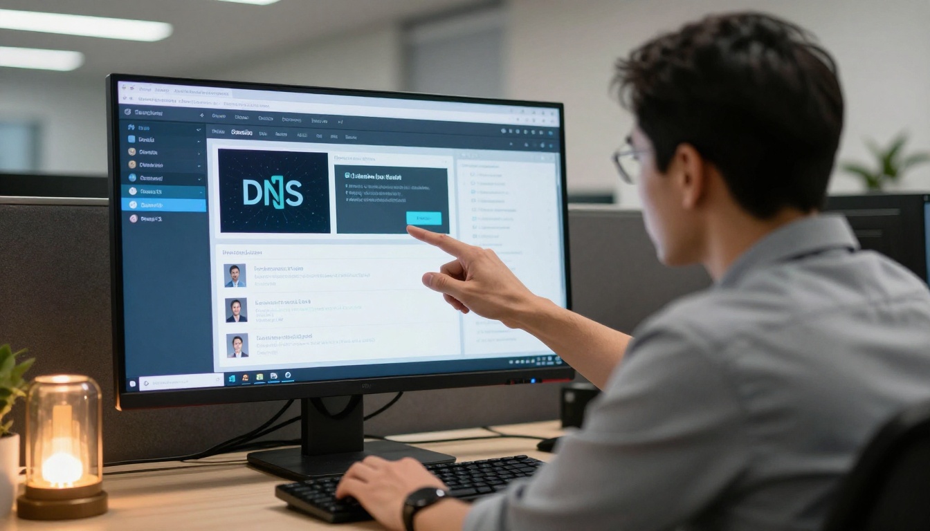 IT professional reviewing DNS configuration for custom domain setup on desktop monitor IT professional reviewing DNS configuration for custom domain setup on desktop monitor