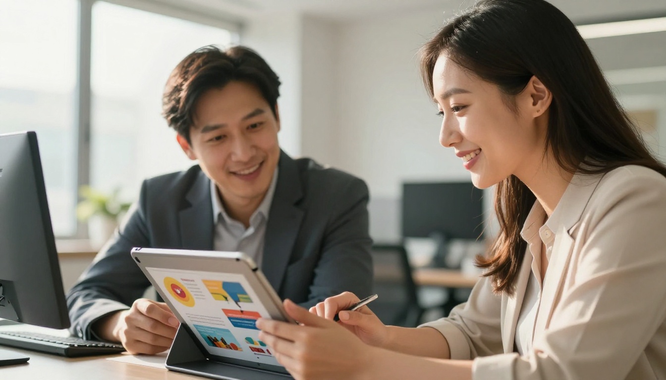 Two business colleagues reviewing a branded digital flipbook publication on a tablet in modern office Two business colleagues reviewing a branded digital flipbook publication on a tablet in modern office