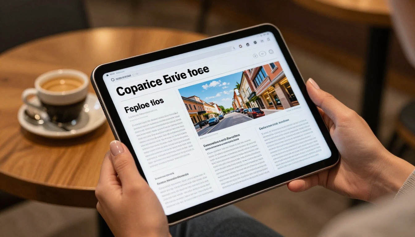 Woman's hands holding tablet displaying branded digital magazine flipbook in warm coffee shop setting Woman's hands holding tablet displaying branded digital magazine flipbook in warm coffee shop setting