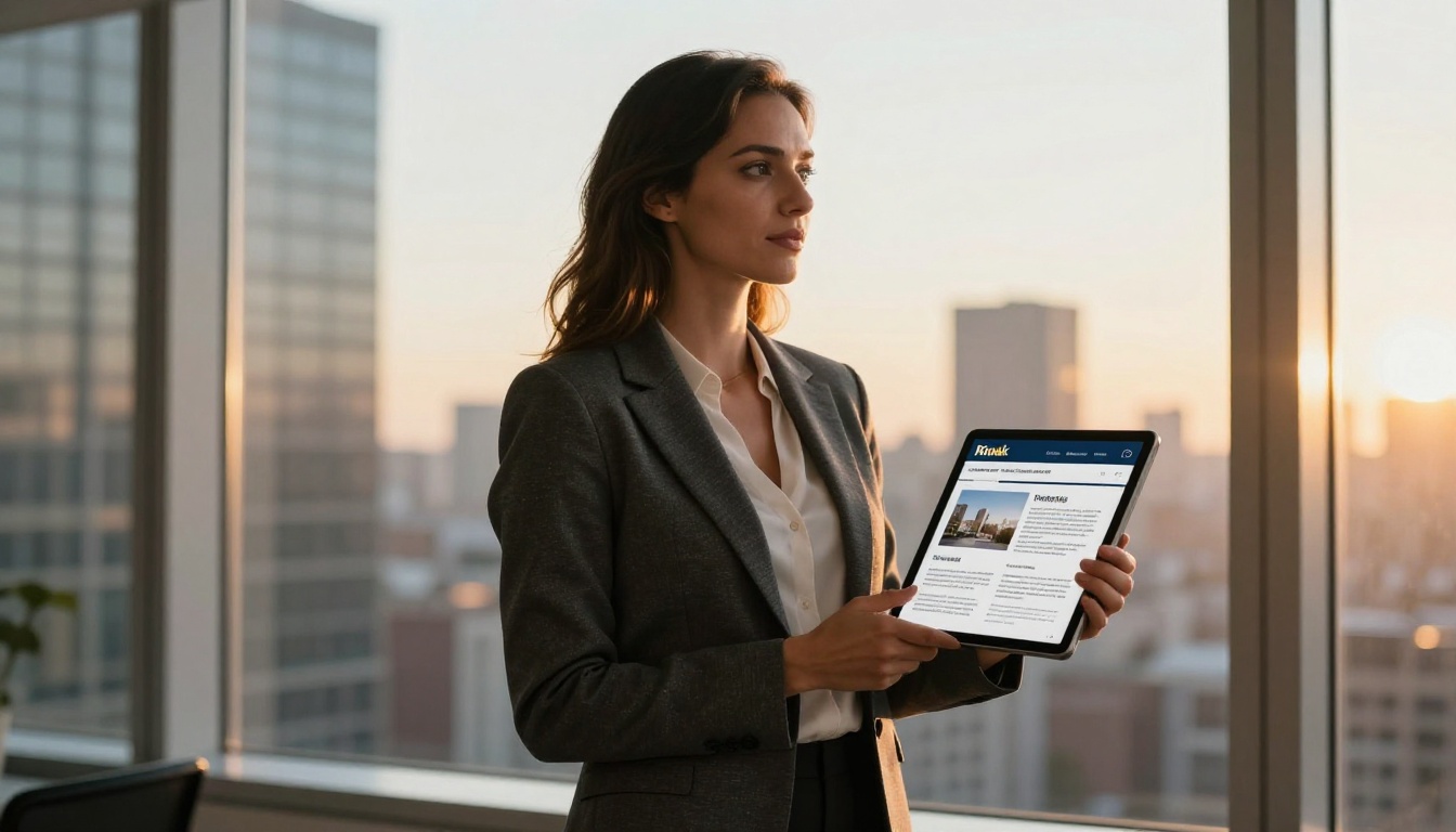 Real estate professional standing at office window holding tablet with branded flipbook property listing Real estate professional standing at office window holding tablet with branded flipbook property listing