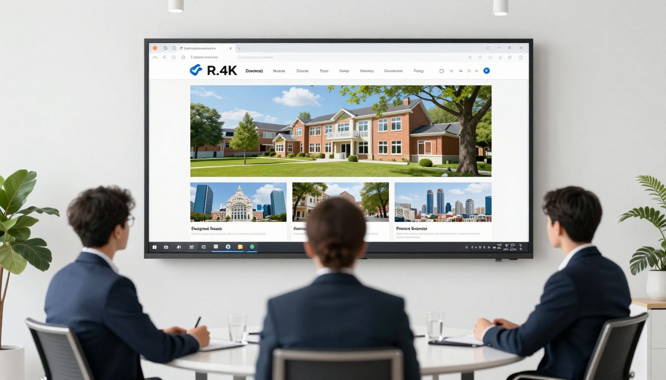 Marketing agency team sitting around conference table with branded flipbook presentation on large screen Marketing agency team sitting around conference table with branded flipbook presentation on large screen