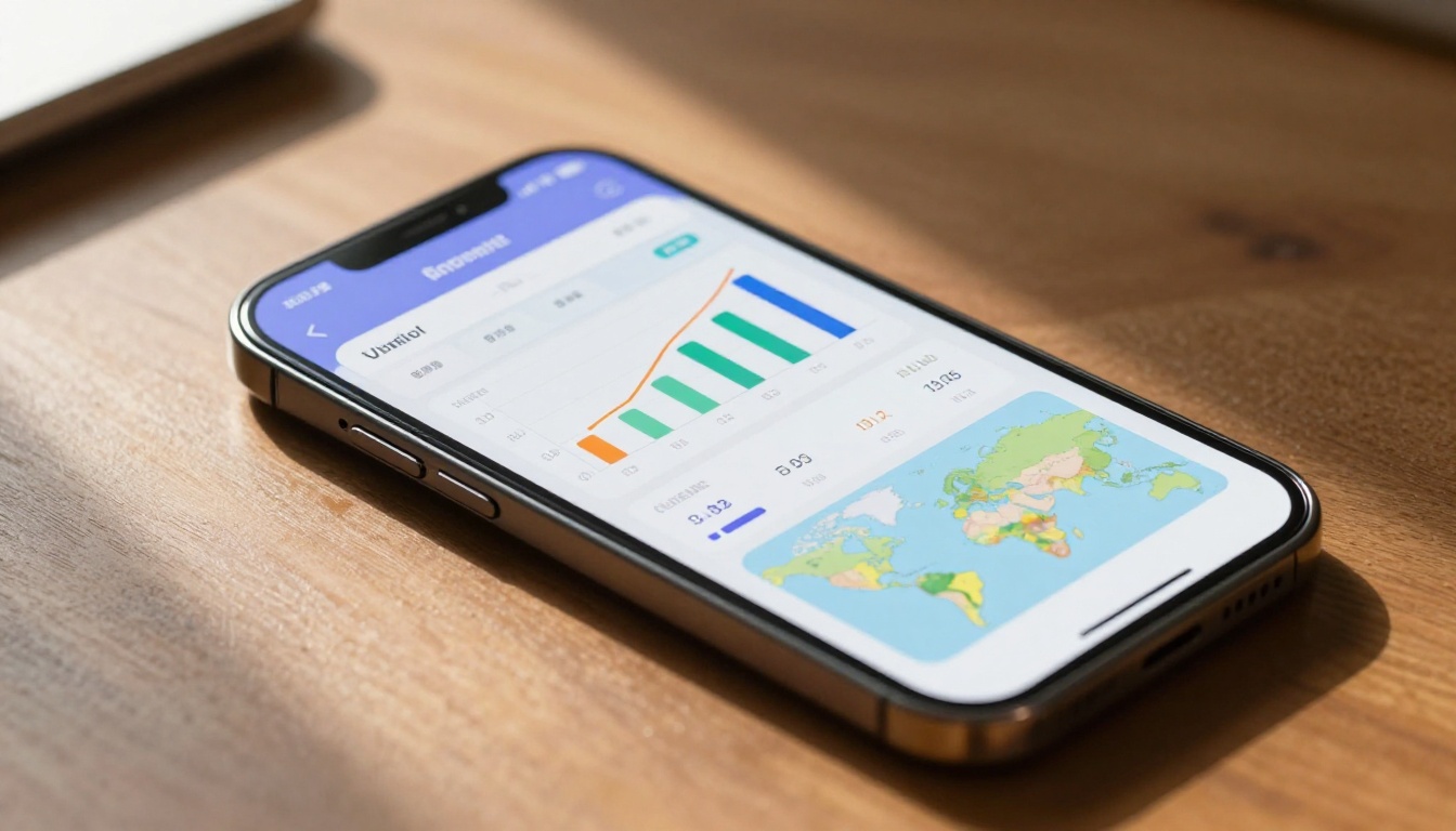 Smartphone on wooden desk showing flipbook analytics dashboard with visitor graphs and geographic data Smartphone on wooden desk showing flipbook analytics dashboard with visitor graphs and geographic data
