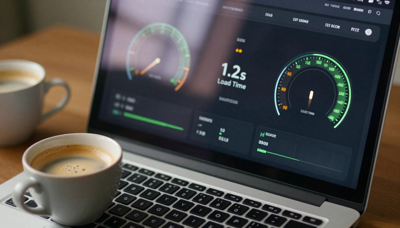 Web performance analytics dashboard on a laptop screen with speed gauge metrics Web performance analytics dashboard on a laptop screen with speed gauge metrics