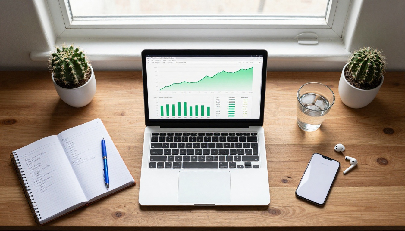 Aerial flat-lay of a home office desk with laptop showing website analytics dashboard Aerial flat-lay of a home office desk with laptop showing website analytics dashboard