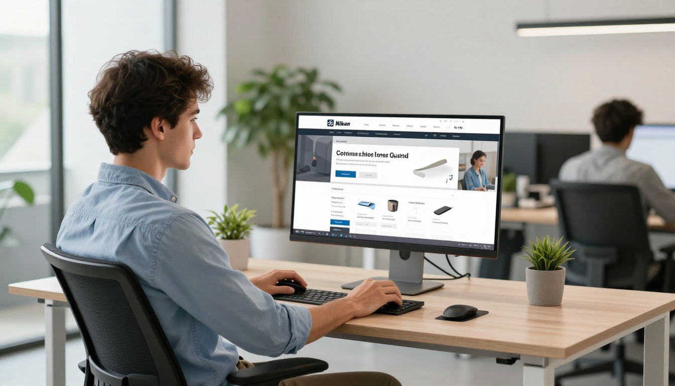 Young man scrolling through an interactive flipbook catalog on a large monitor Young man scrolling through an interactive flipbook catalog on a large monitor