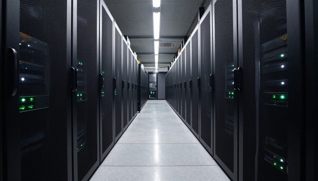 Modern data center corridor with rows of server racks and status indicator lights Modern data center corridor with rows of server racks and status indicator lights