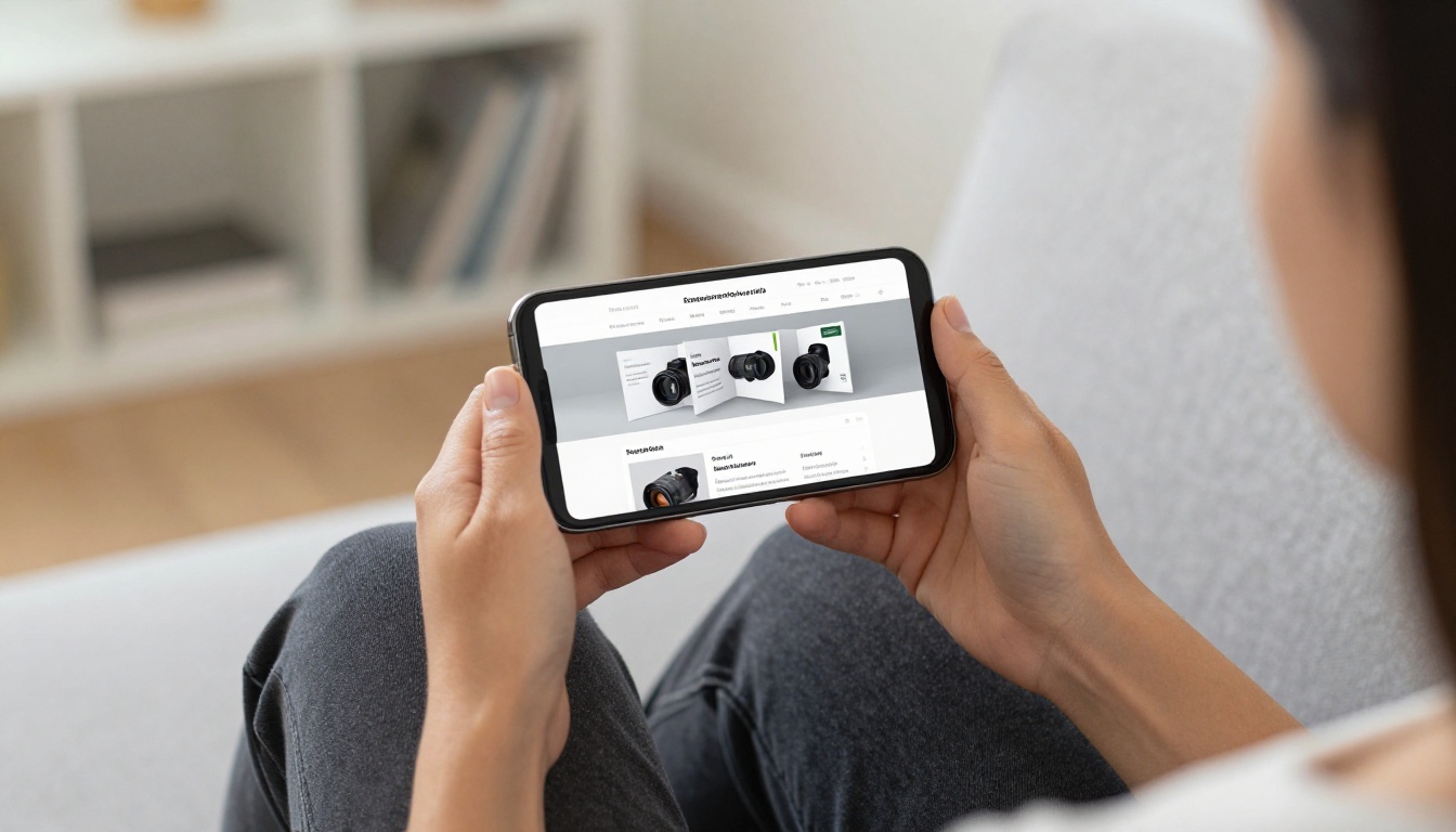 Woman holding a smartphone showing a responsive mobile flipbook Woman holding a smartphone showing a responsive mobile flipbook