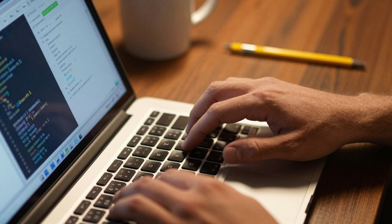 Developer's hands on a laptop keyboard with website code and speed test results on screen