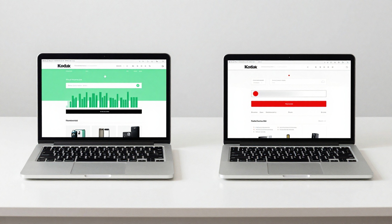 Two laptops side by side comparing a fast-loading website against one with a loading spinner