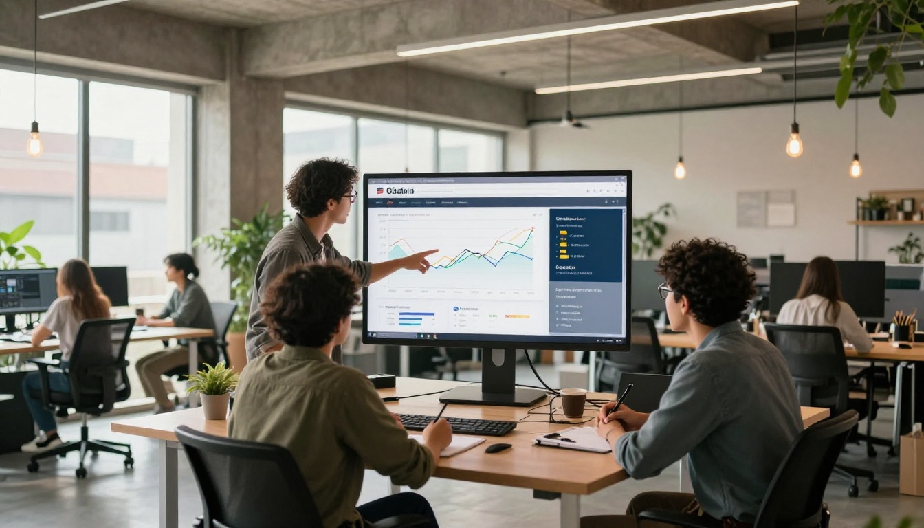 Team of professionals collaborating around a monitor showing a website performance report