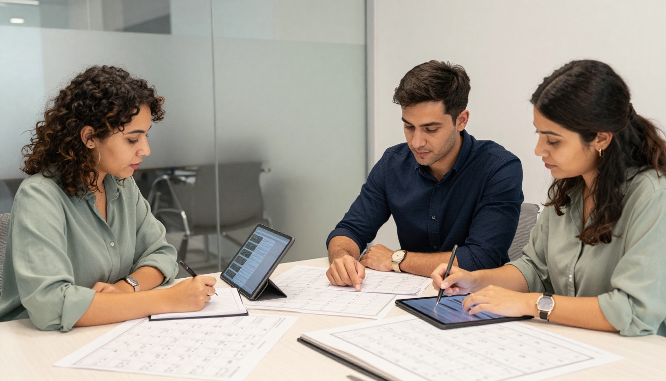 Content calendar planning meeting with professionals reviewing dates on tablets