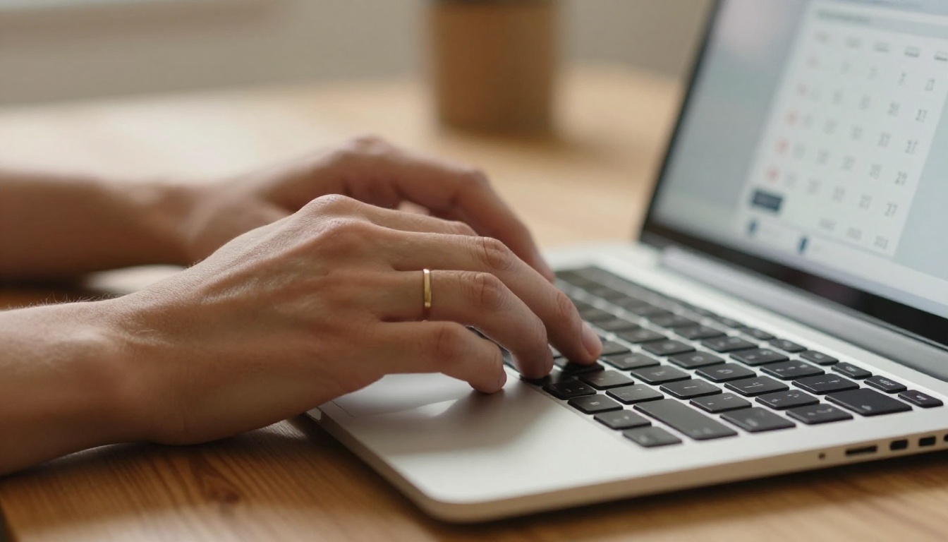 Close-up of hands hovering over laptop keyboard about to click a scheduling calendar interface