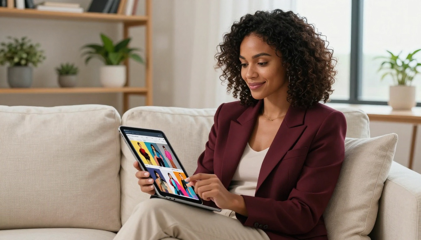 Stylish woman in burgundy blazer reviewing a digital flipbook on a tablet from a linen sofa