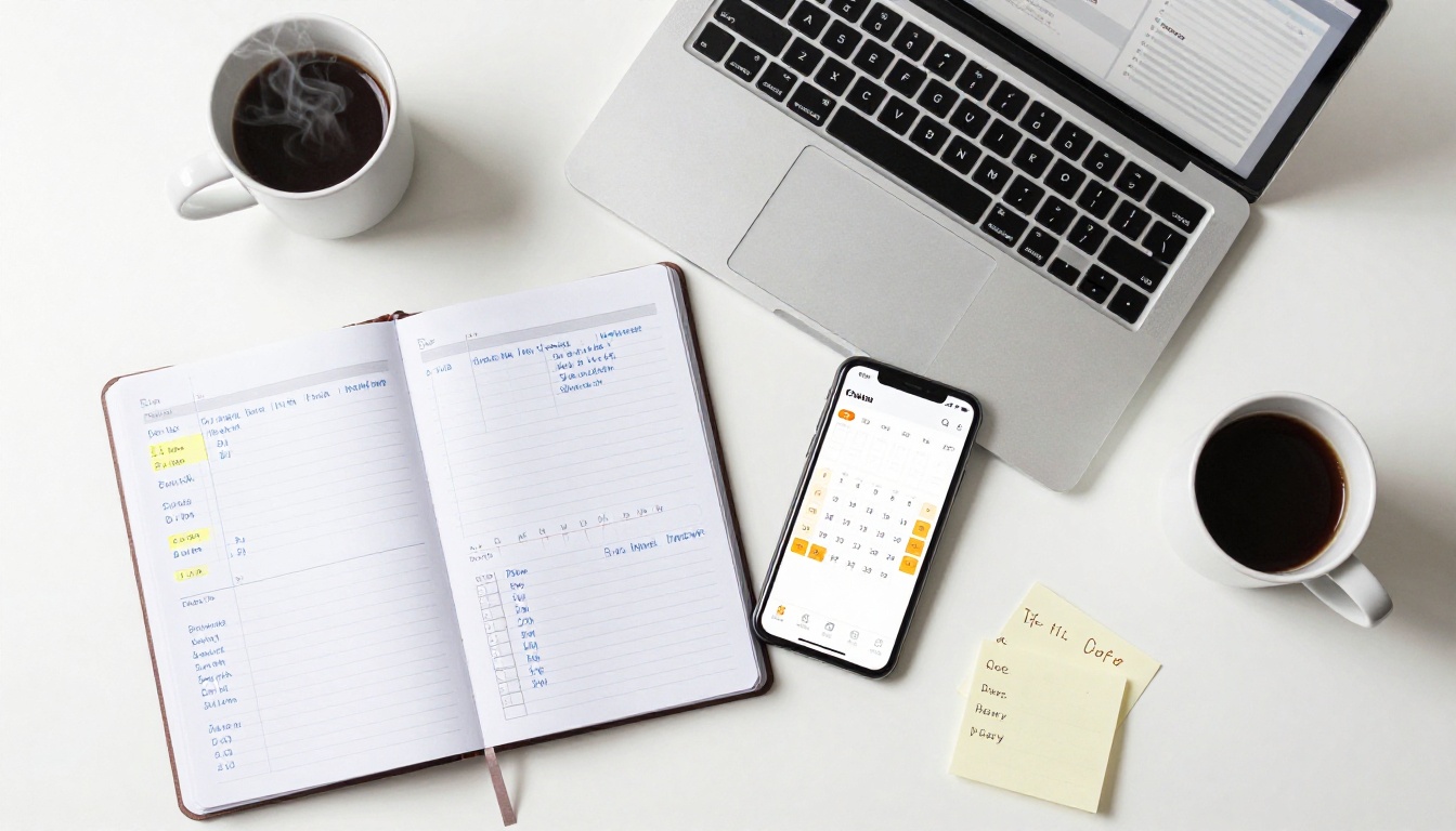 Aerial flat lay of a desk with planner, smartphone showing calendar, laptop and sticky notes