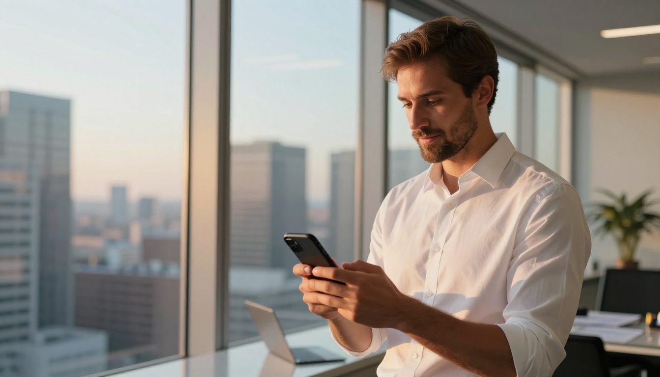 Professional man in white dress shirt checking a phone notification by office floor-to-ceiling windows Professional man in white dress shirt checking a phone notification by office floor-to-ceiling windows