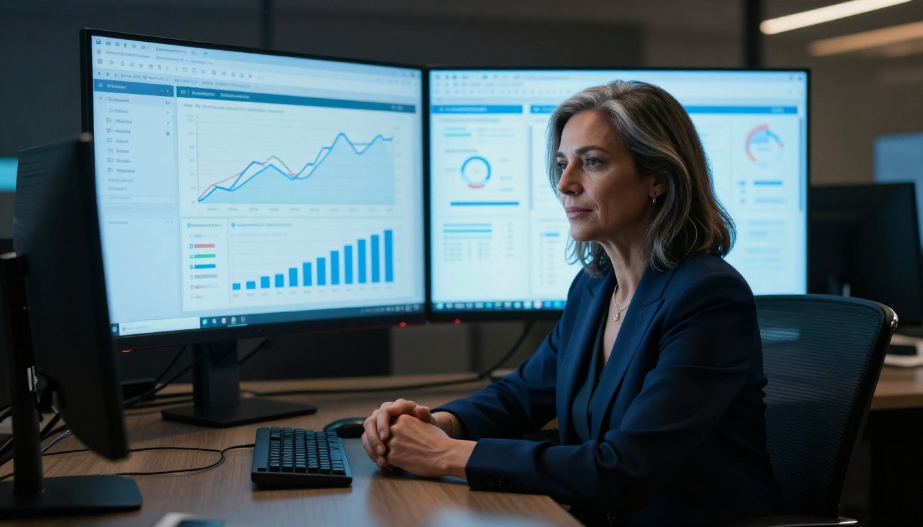 Confident professional woman with silver-streaked hair analyzing performance dashboards on a large curved monitor Confident professional woman with silver-streaked hair analyzing performance dashboards on a large curved monitor