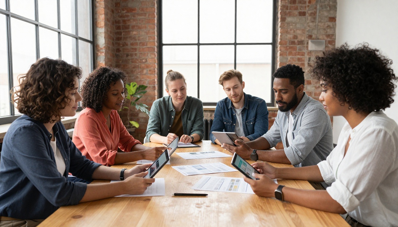 Diverse team of four professionals gathered around a round conference table reviewing digital flipbook content on tablets Diverse team of four professionals gathered around a round conference table reviewing digital flipbook content on tablets