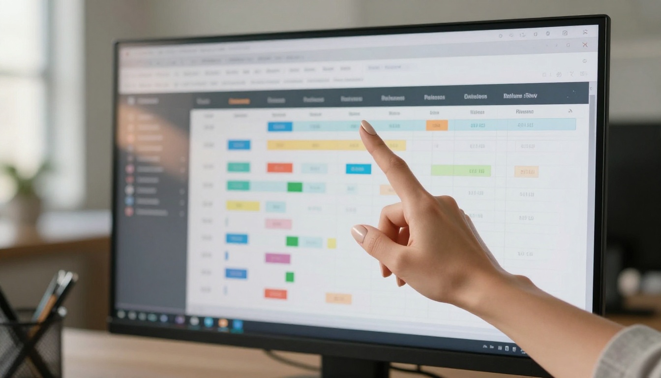 Feminine hand pointing at a wall-mounted monitor displaying a color-coded content publishing timeline Feminine hand pointing at a wall-mounted monitor displaying a color-coded content publishing timeline