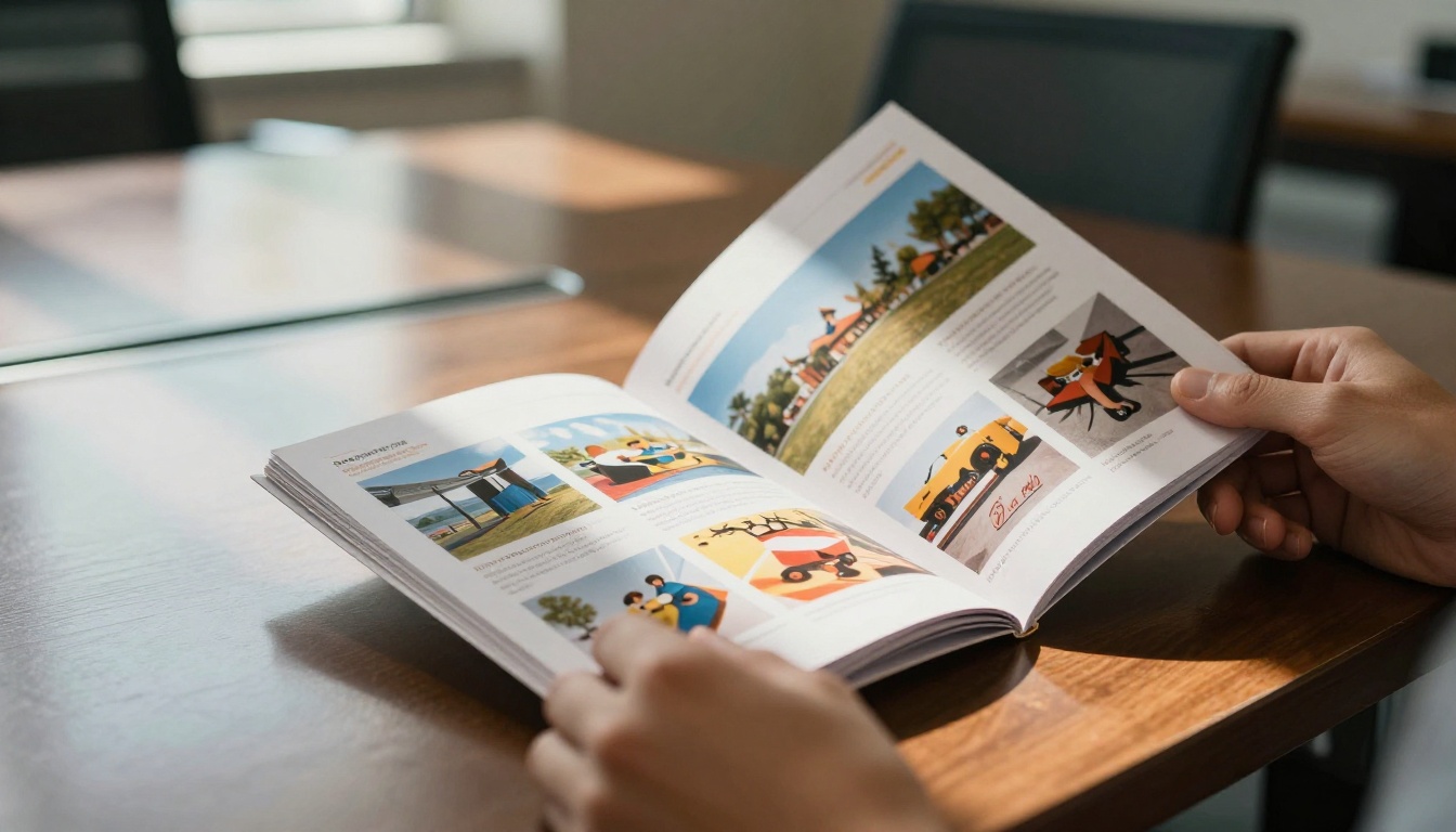 Marketing professional reviewing flipbook content at desk