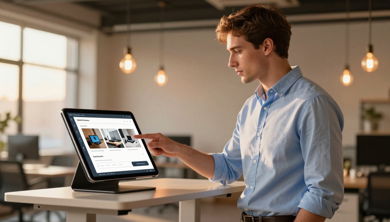 Man at standing desk pointing at tablet showing flipbook Man at standing desk pointing at tablet showing flipbook