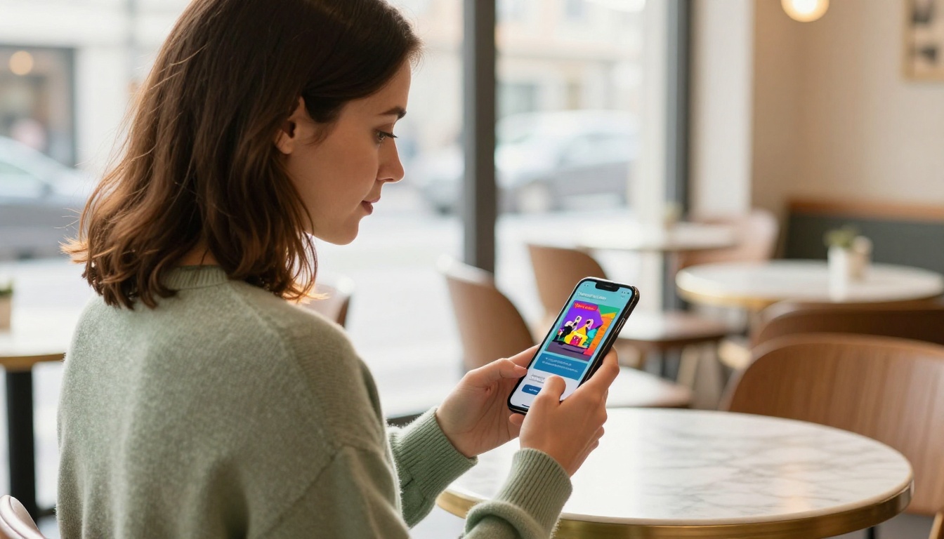 Woman reviewing interactive flipbook on smartphone