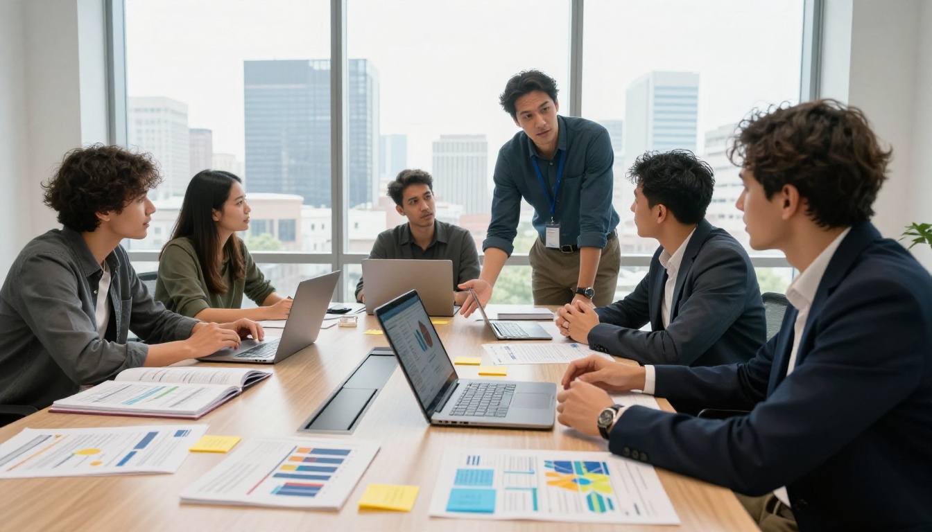 Professional team reviewing marketing materials in conference room