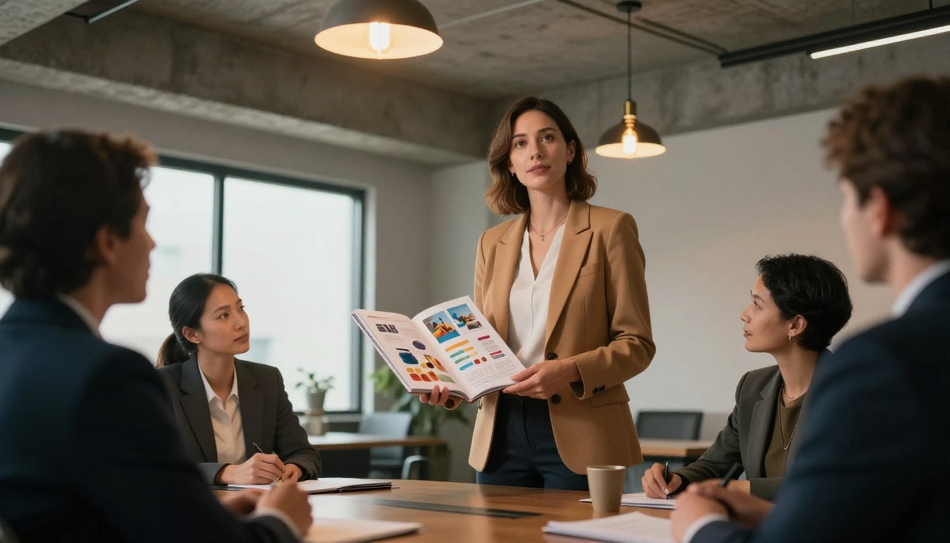 Presenter showing flipbook to team at meeting table