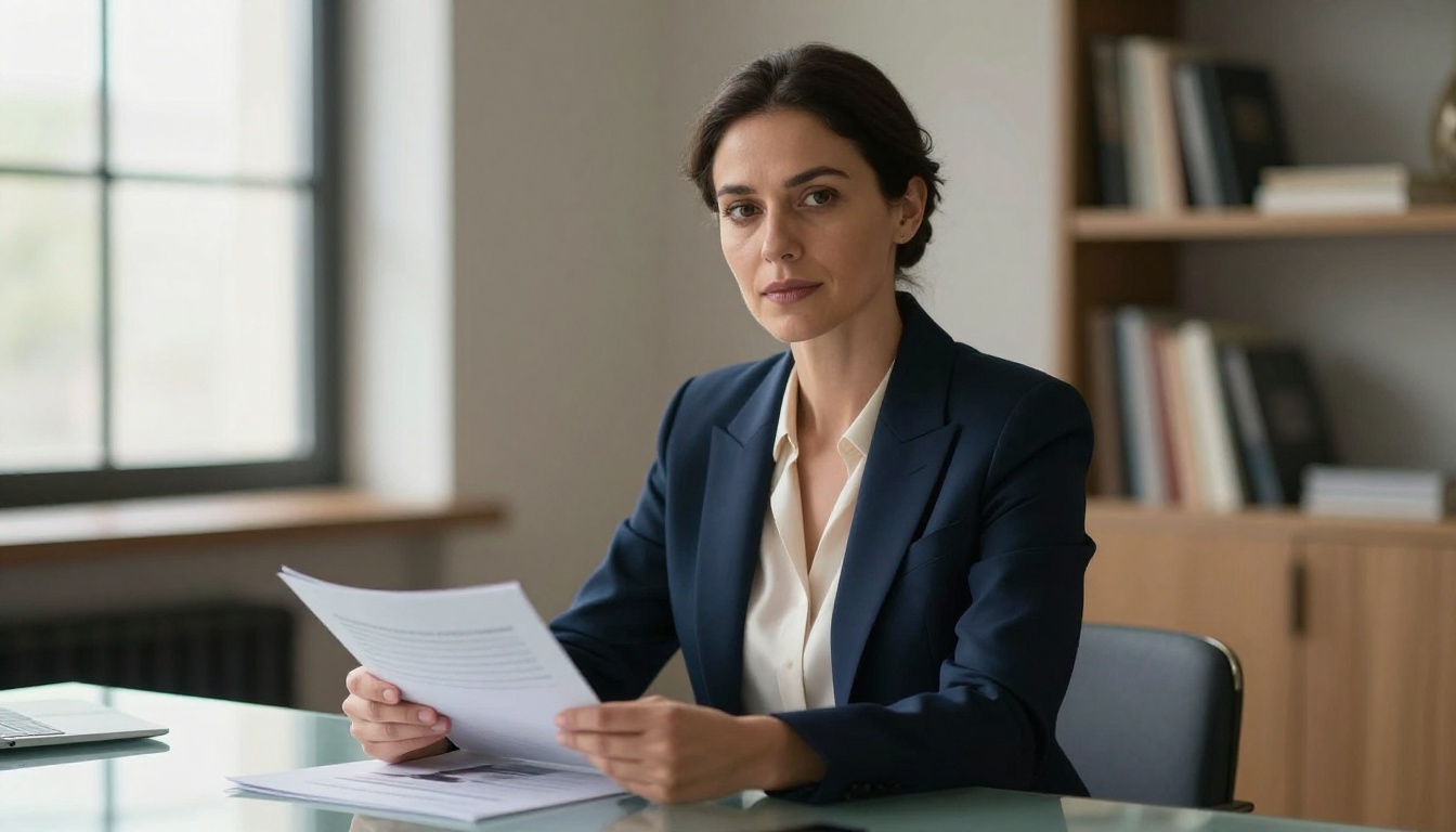 Woman holding marketing booklet in professional office setting Woman holding marketing booklet in professional office setting