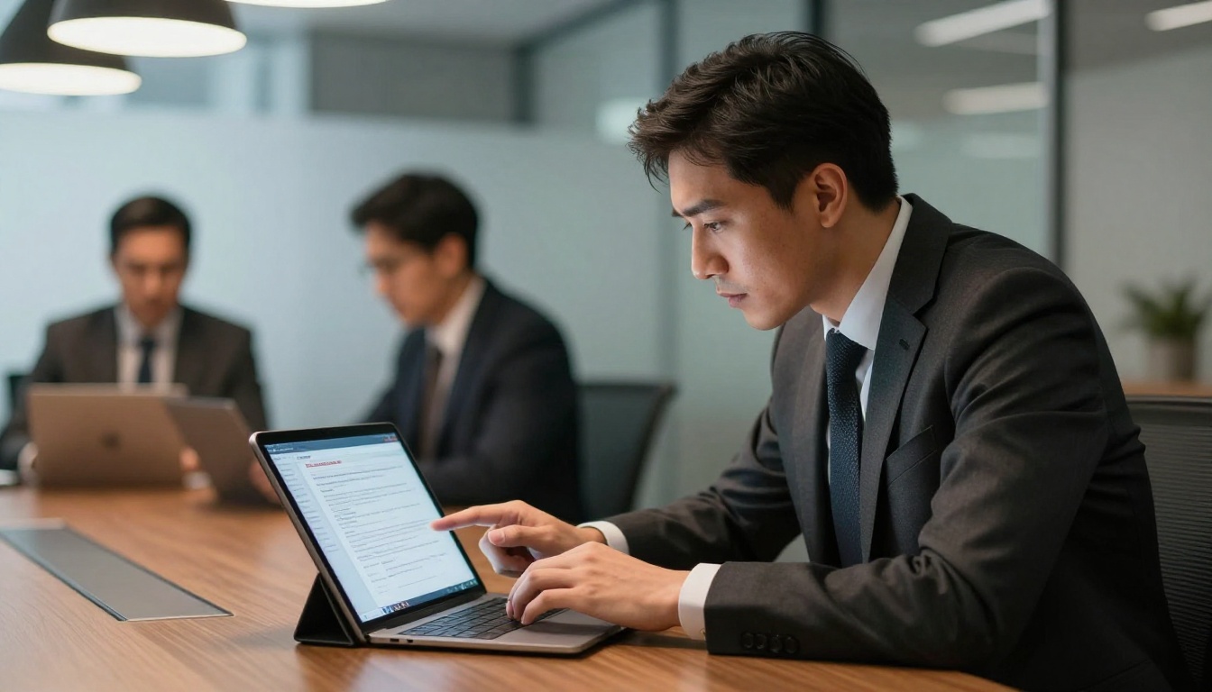Business executive reviewing a private digital document on a tablet at a polished mahogany conference table, warm pendant lighting, colleagues blurred through frosted glass