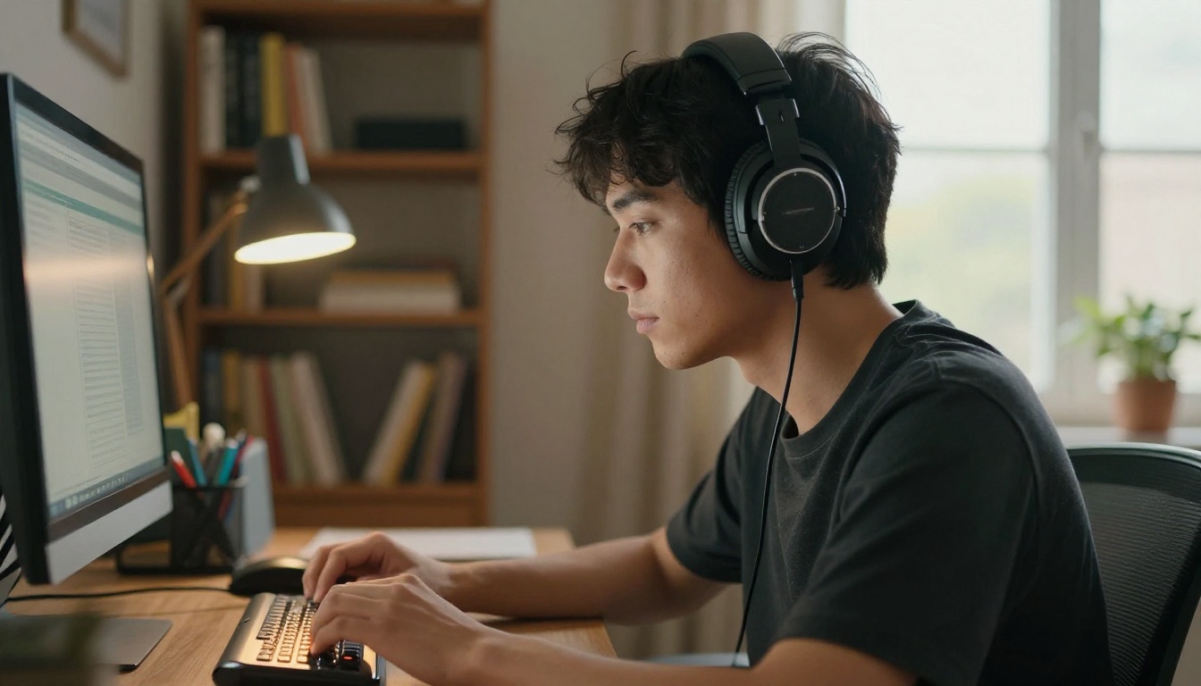 Person using braille display with headphones at a home office desk