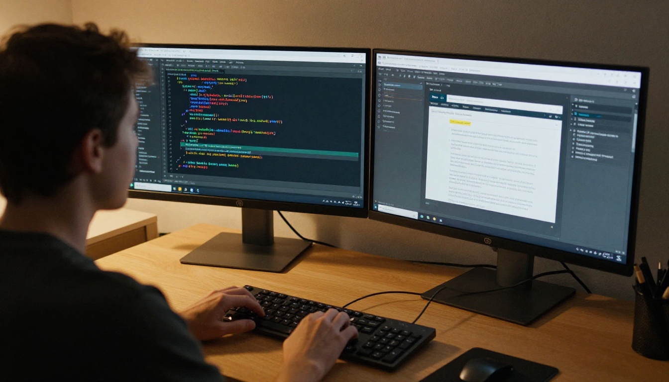 Web developer coding accessible HTML with ARIA attributes on dual monitors