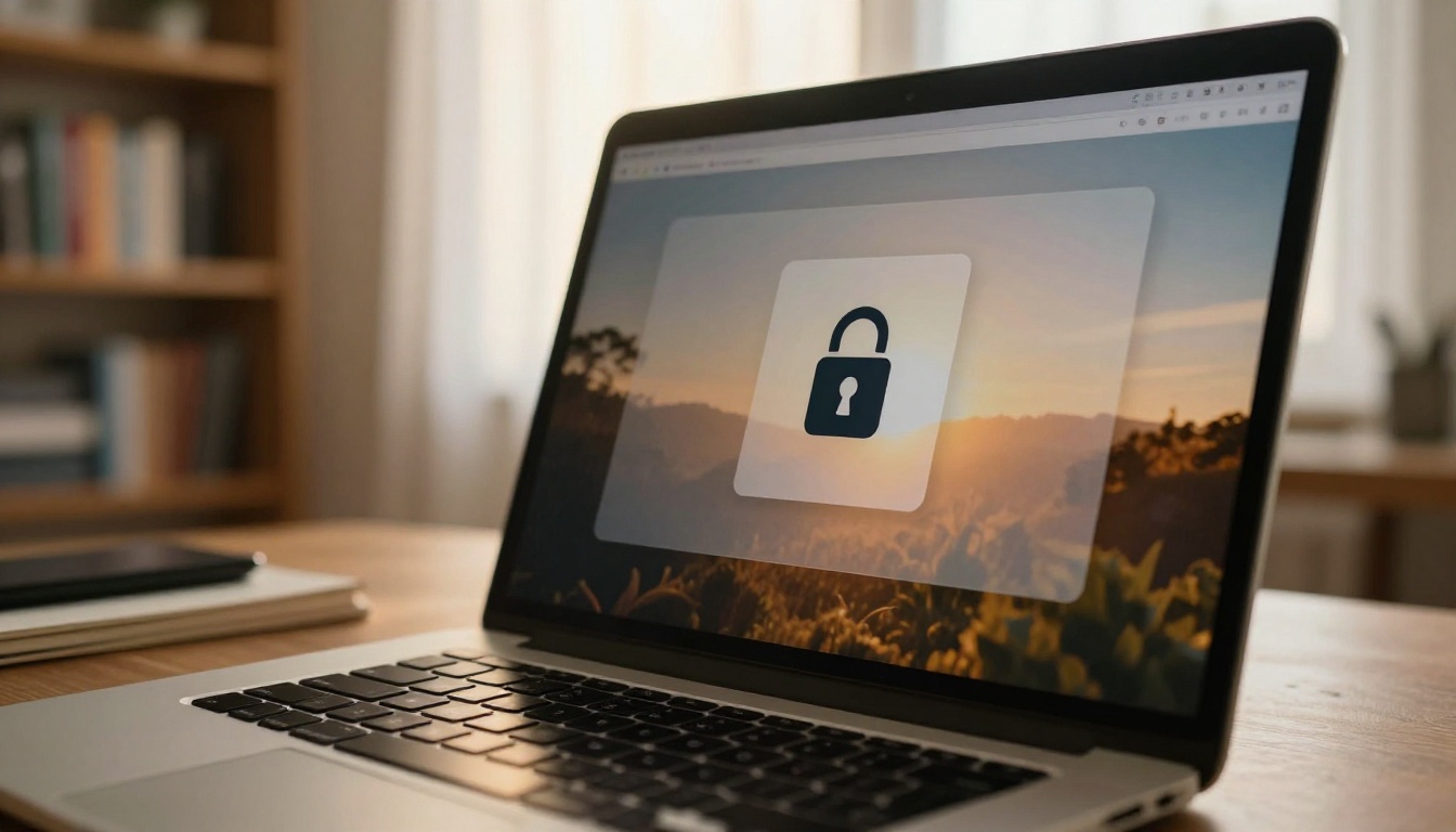 Close-up of a laptop screen showing a digital flipbook interface with lock icons on certain pages, soft bokeh home office background, afternoon sunlight through sheer white curtains