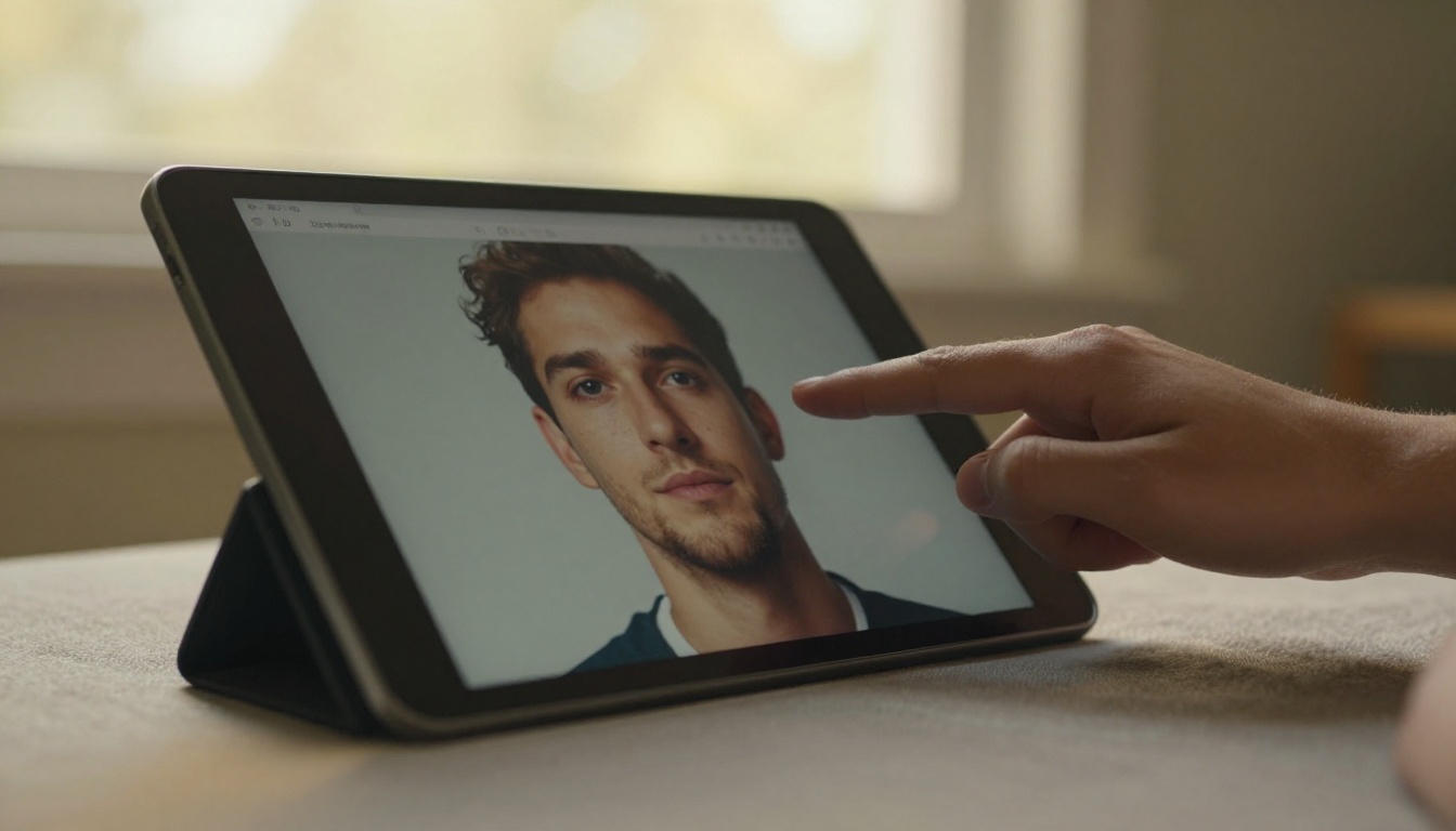 Person reading digital publication on tablet with natural window lighting