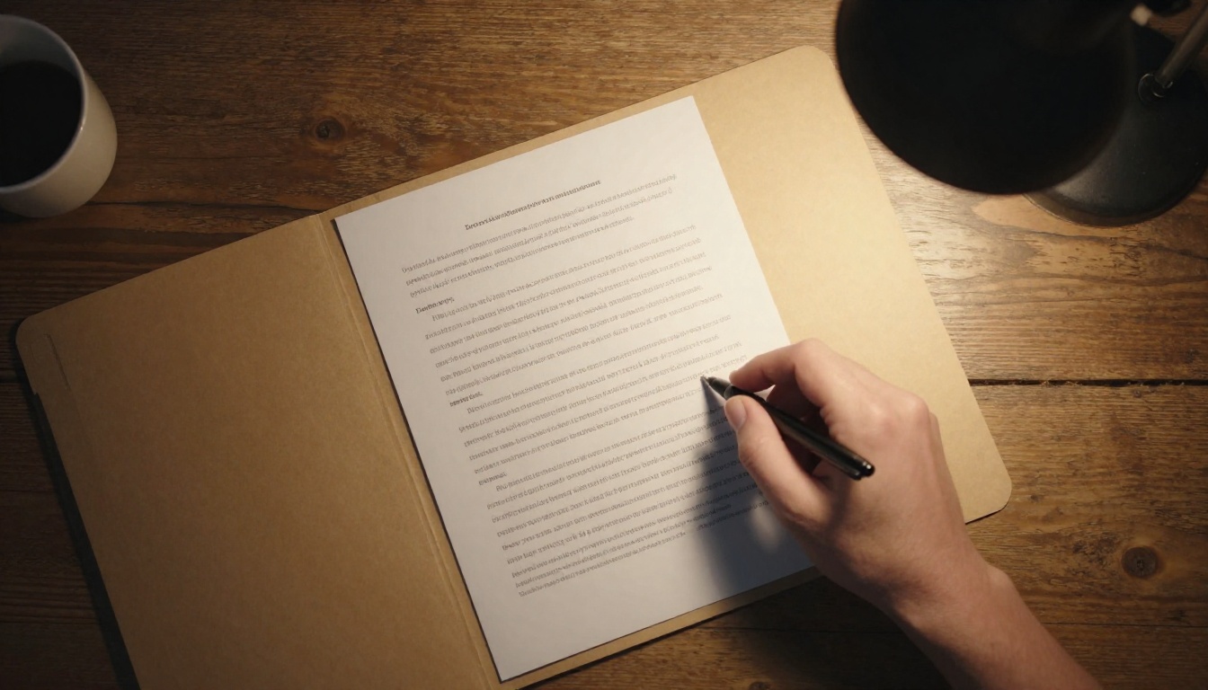 Aerial top-down view of a rustic wooden desk with a printed document partially covered by a folder, a hand revealing select pages, warm desk lamp illumination, rich paper and wood grain textures