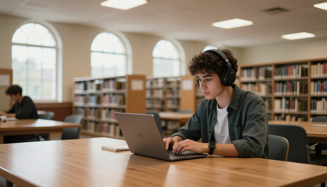 Student in public library using screen reader on laptop with headphones