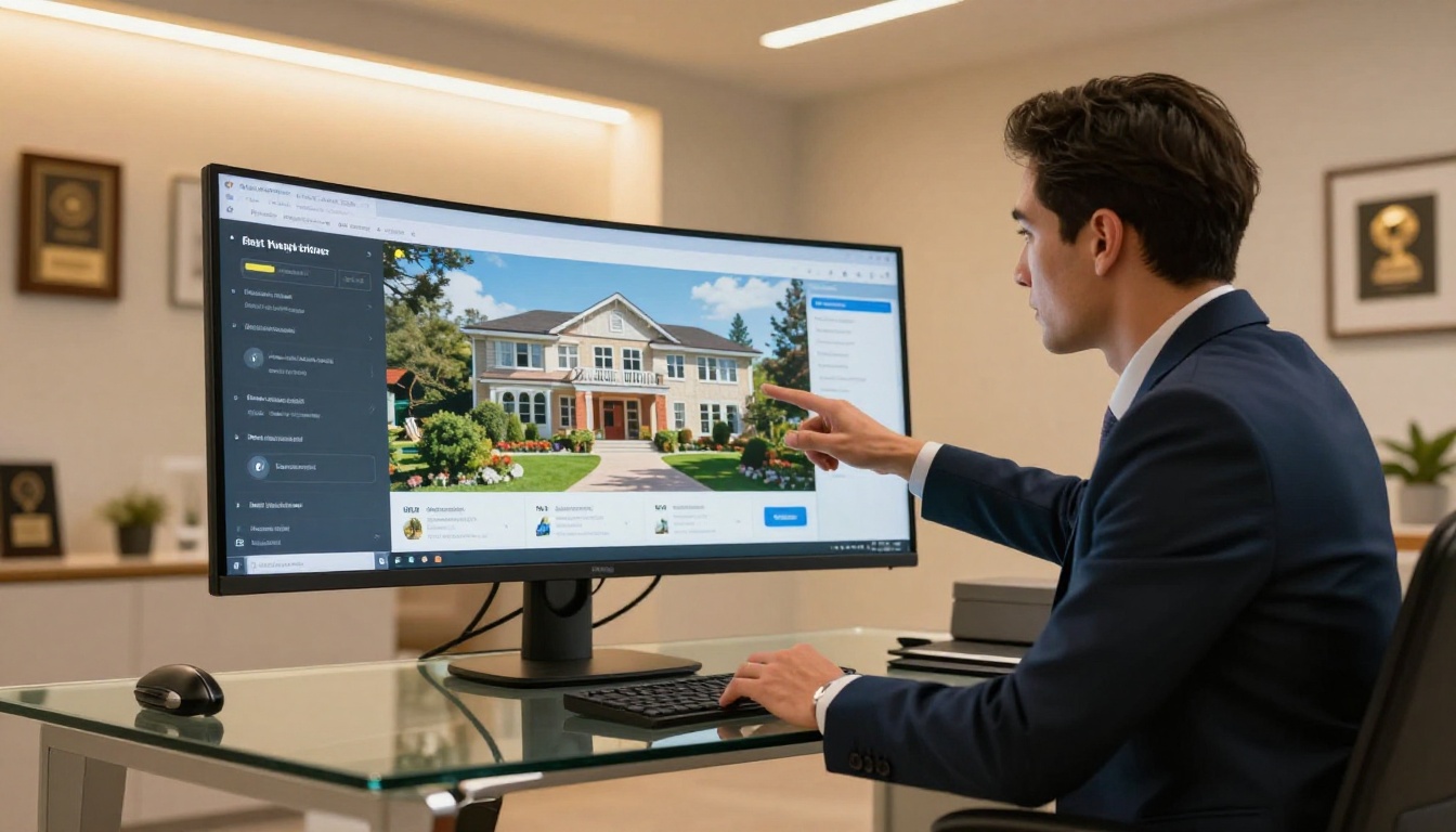 Real estate agent in a tailored navy blazer showing a client a digital property catalog on a large curved monitor, warm office interior lighting, agent gesturing confidently toward the screen Real estate agent in a tailored navy blazer showing a client a digital property catalog on a large curved monitor, warm office interior lighting, agent gesturing confidently toward the screen