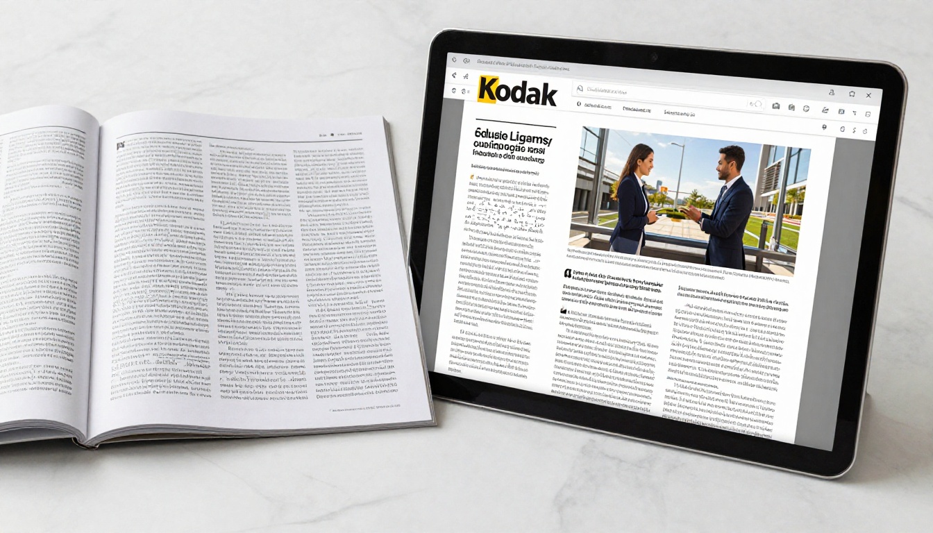 Print magazine compared side by side with digital publication on a laptop