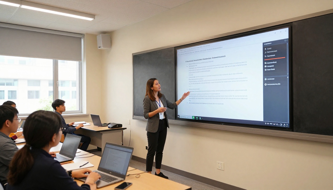 Female educator in a bright university classroom standing near a large wall-mounted display showing a digital course document with some pages marked as restricted, engaged students visible in the background with open laptops Female educator in a bright university classroom standing near a large wall-mounted display showing a digital course document with some pages marked as restricted, engaged students visible in the background with open laptops