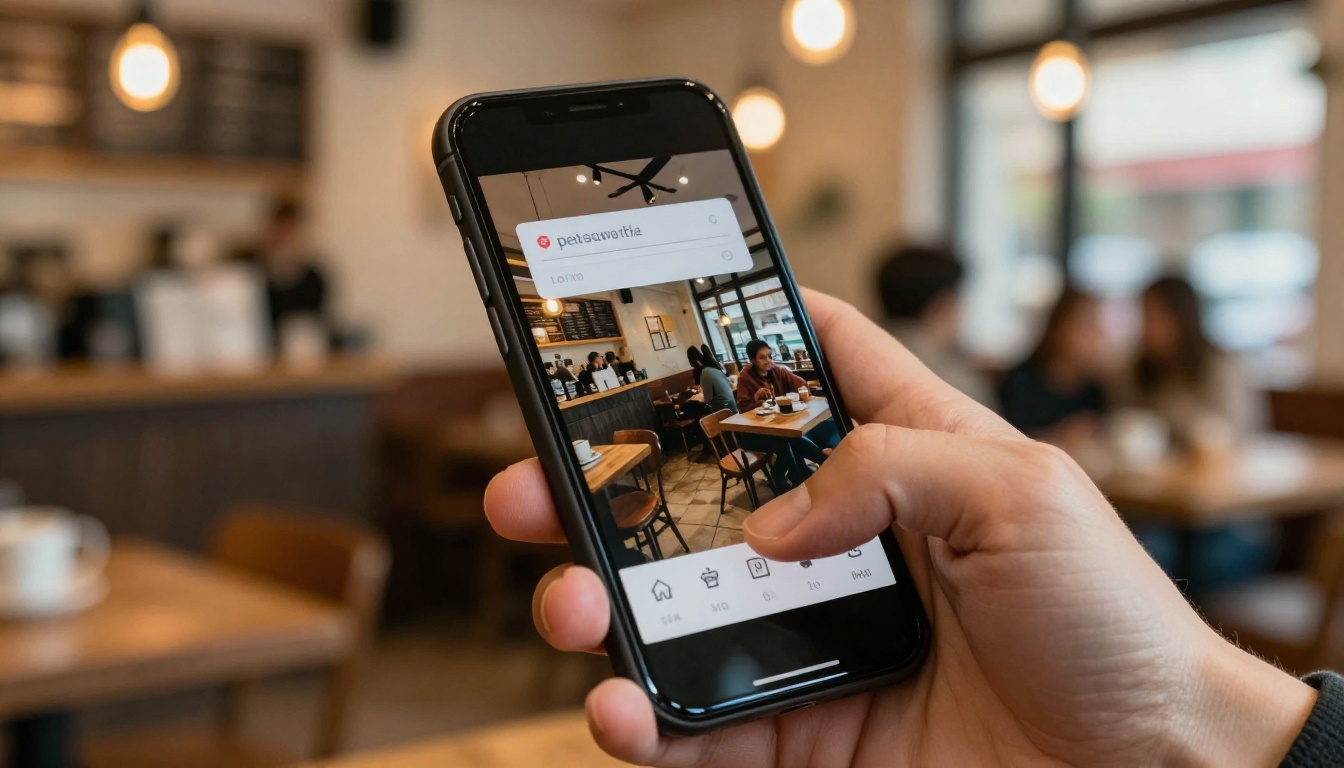 Smartphone held in a hand displaying a digital flipbook with a password entry prompt overlaying a protected page, blurred warm coffee shop ambiance with Edison bulb lighting and wooden furniture in the background Smartphone held in a hand displaying a digital flipbook with a password entry prompt overlaying a protected page, blurred warm coffee shop ambiance with Edison bulb lighting and wooden furniture in the background