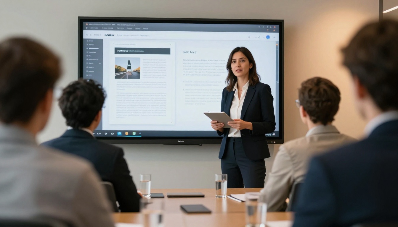 Professional woman presenting accessible digital content to colleagues