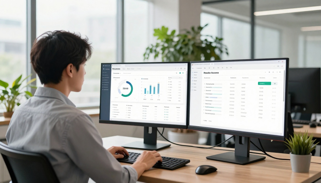 Marketing professional at a standing desk reviewing content analytics on dual monitors in a modern office, natural light from floor-to-ceiling windows, indoor plants lining the background wall Marketing professional at a standing desk reviewing content analytics on dual monitors in a modern office, natural light from floor-to-ceiling windows, indoor plants lining the background wall