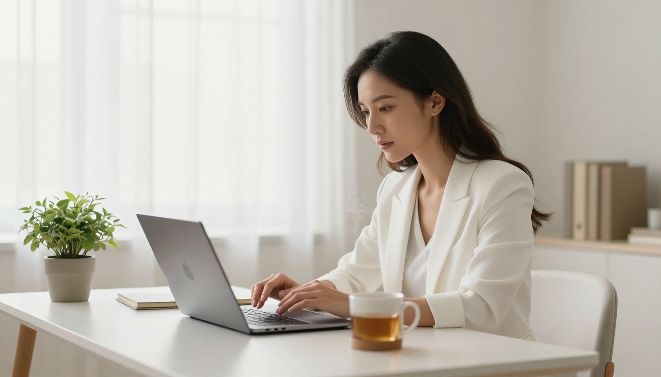 Elegant woman in a white blazer seated at a bright minimal home office adjusting privacy settings on a laptop, steaming mug of tea nearby, soft morning light through sheer curtains