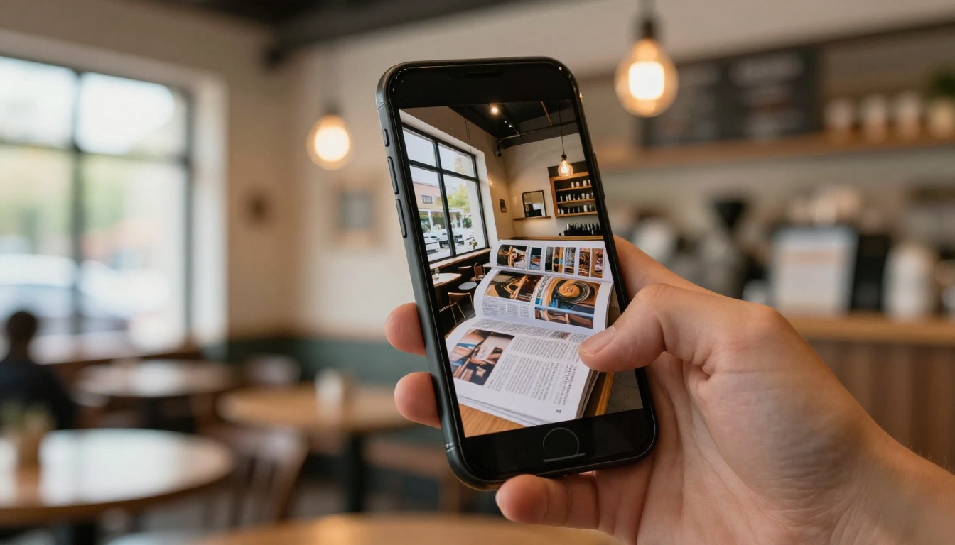 A hand holding a smartphone showing a digital flipbook with a page-curl effect, coffee shop background with warm Edison bulb lighting